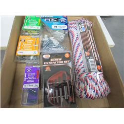 Flat of New E-Z Anchors/ wall plugs / 100ft Rope / Screw Extractor set