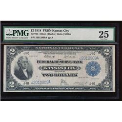 1918 $2 Kansas City Federal Reserve Bank Note PMG 25