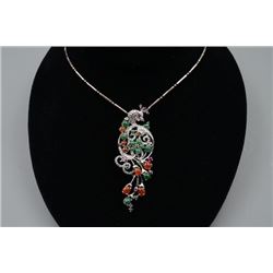 Silver Inlaid with Jadeites and Diamonds "Peafowl" Pendant and 925 Silver Necklace