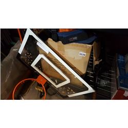 BOX OF HELMETS BASKETBALL HOOP TENNIS RACQUET AND BACKPACK