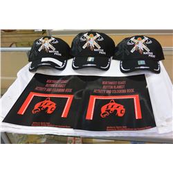 3 NATIVE PRIDE HATS AND 2 BUTTON BLANKET BOOKS