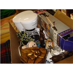 LARGE BOX OF ESTATE ITEMS COFFEE POT AND TRIPOD ETC