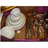 Image 2 : CORELLE DISHES, CUTLERY, AND SHELF