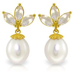 Genuine 9.5 ctw White Topaz & Pearl Earrings Jewelry 14KT Yellow Gold - REF-31Z2N