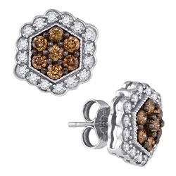 0.90 CTW Cognac-brown Color Diamond Hexagon Flower Earrings 10KT White Gold - REF-41F9N