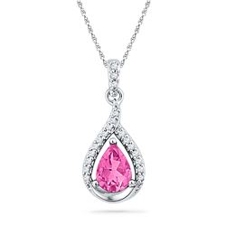 1.65 CTW Pear Created Pink Sapphire Solitaire Diamond Pendant 10KT White Gold - REF-18N7F