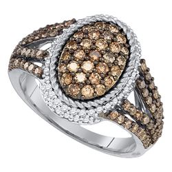 1.2 CTW Cognac-brown Color Diamond Oval Cluster Roped Ring 10KT White Gold - REF-67X4Y