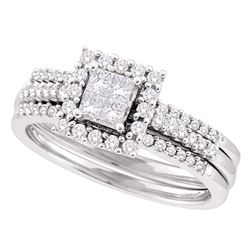 0.50 CTW Princess Diamond 3-Piece Halo Bridal Engagement Ring 14KT White Gold - REF-79X4Y