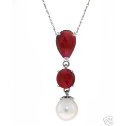 Genuine 5.05 ctw Ruby & Pearl Necklace Jewelry 14KT White Gold - REF-33H8X