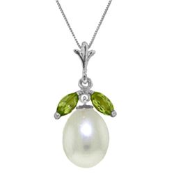 Genuine 4.5 ctw Pearl & Peridot Necklace Jewelry 14KT White Gold - REF-24T3A