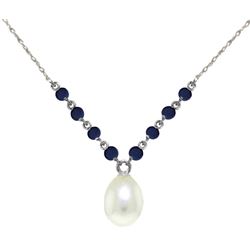 Genuine 5 ctw Pearl & Sapphire Necklace Jewelry 14KT White Gold - REF-28H4X