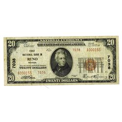 First National Bank in Reno, Nevada, 1929 T2, $20, Charter # 7038.