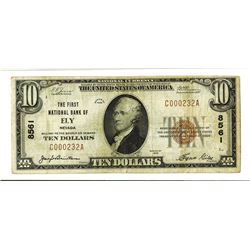 First National Bank of ELY, Nevada, 1929 T1, $10, Charter #8561.