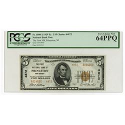 The First National Bank of Princeton, NJ, Series of 1929, $5 TII, Ch#4872, Fr#1800-2, National Bank 