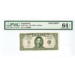 Yugoslavia, Kingdom in Exile, ND (1943) Specimen Banknote.