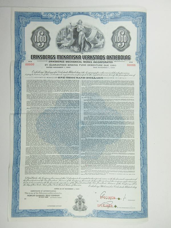 Eriksbergs Mechanical Works Inc 1965 Specimen Bond
