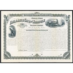 Elizabeth City and Norfolk Railroad Co. 1881 Specimen Registered Bond.