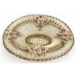 Vintage Italian Bassano Art Porcelain Lattice Weave Basket