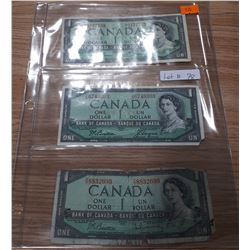 3 CANADIAN 1954 $1 BILLS