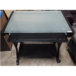 METAL AND GLASS COMPUTER DESK WITH SLIDING KEYBOARD HOLDER