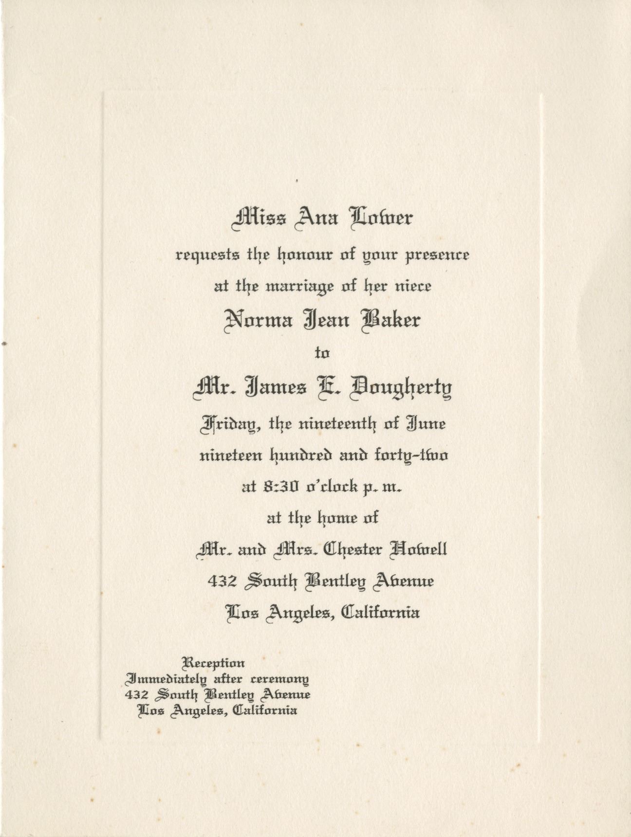 Marilyn Monroe Personal Invitation For Her Wedding To Jim Dougherty