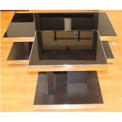 GLASS TOPPED METAL RIMMED COFFEE AND END TABLE