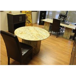 MARBLE OFFICE DESK, TABLE AND CABINET W/ 3 CHAIRS