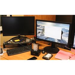 PAIR OF MONITORS WITH KEYBOARD AND MOUSE