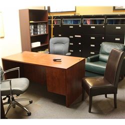 OFFICE DESK, BOOKSHELF, CABINET AND 4 CHAIRS