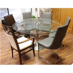 ROUND 55" GLASS TOP TABLE WITH 5 ASSORTED CHAIRS