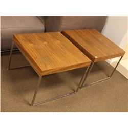 PAIR OF WOOD TOP METAL END TABLES