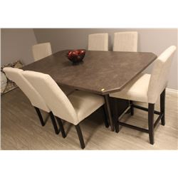 ARBORITE KITCHEN TABLE WITH 6 WHITE FABRIC CHAIRS