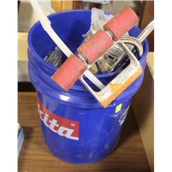 PAIL OF CASTERS, STAPLES, SAWS AND MORE