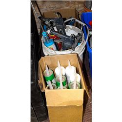 PAIL AND TWO CASES OF ASSORTED ADHESIVE