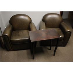 PAIR OF BROWN FAUX LEATHER SOFA CHAIRS