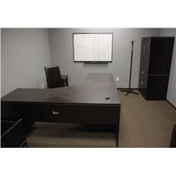 "L" SHAPED DESK, CHAIR, SIDE TABLE