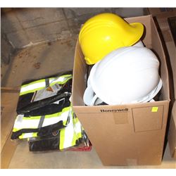BOX OF ASSORTED HARD HATS AND FLAGGING GEAR