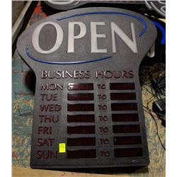NEON OPEN SIGN WITH BUSINESS HOURS