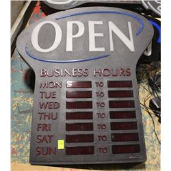 NEON OPEN SIGN WITH BUSINESS HOURS