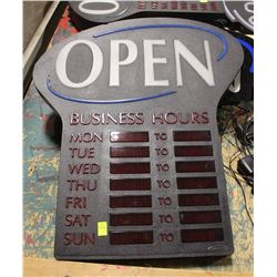 NEON OPEN SIGN WITH BUSINESS HOURS