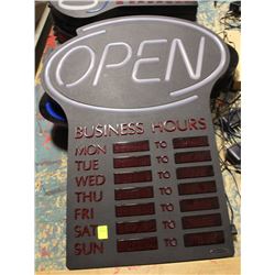 NEON OPEN SIGN WITH BUSINESS HOURS