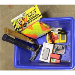 SMALL TOTE OF TOOLS INCLUDING MULTIMETER, RADON
