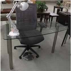 MODERN GLASS DESK WITH DESK LAMP AND OFFICE CHAIR
