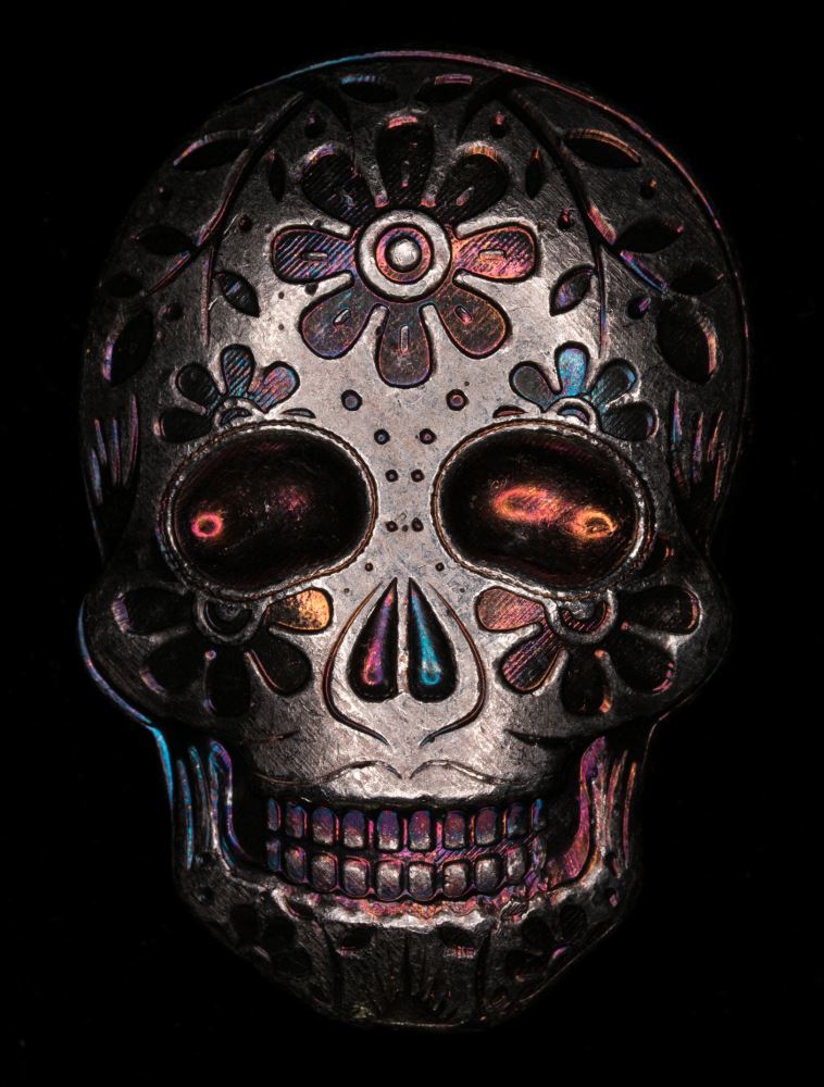 2 oz Silver MARIGOLD Day of the Dead Sugar Skull Poured .999 Fine 3D Art Bar
