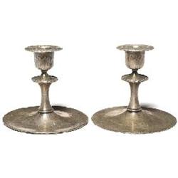 Roycroft candlesticks, pair, hammered copper with original nickel plating, marked, 3.5h, minor wear 