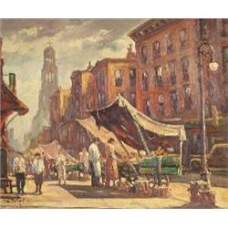 D.E. Tirefort New York Market Scene,oil