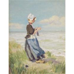 Oscar Miller Dutch Girl on Beach watercolor