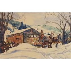C.F. Schuch  Log Wagon, watercolor