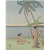 Image 1 : Paul Jacoulet, Figures on a Beach, color woodcut