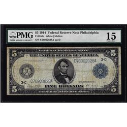 1914 $5 Federal Reserve Note Philadelphia Fr.855a PMG Choice Fine 15